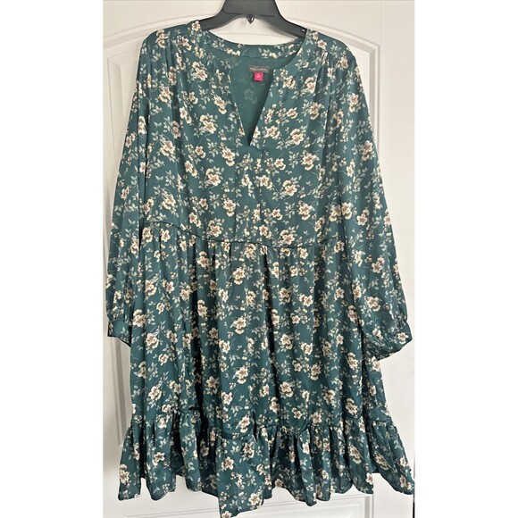Vince Camuto Women's Plus Size Floral-Print Baby doll Dress Deep Forest Green 1X - Picture 5 of 11
